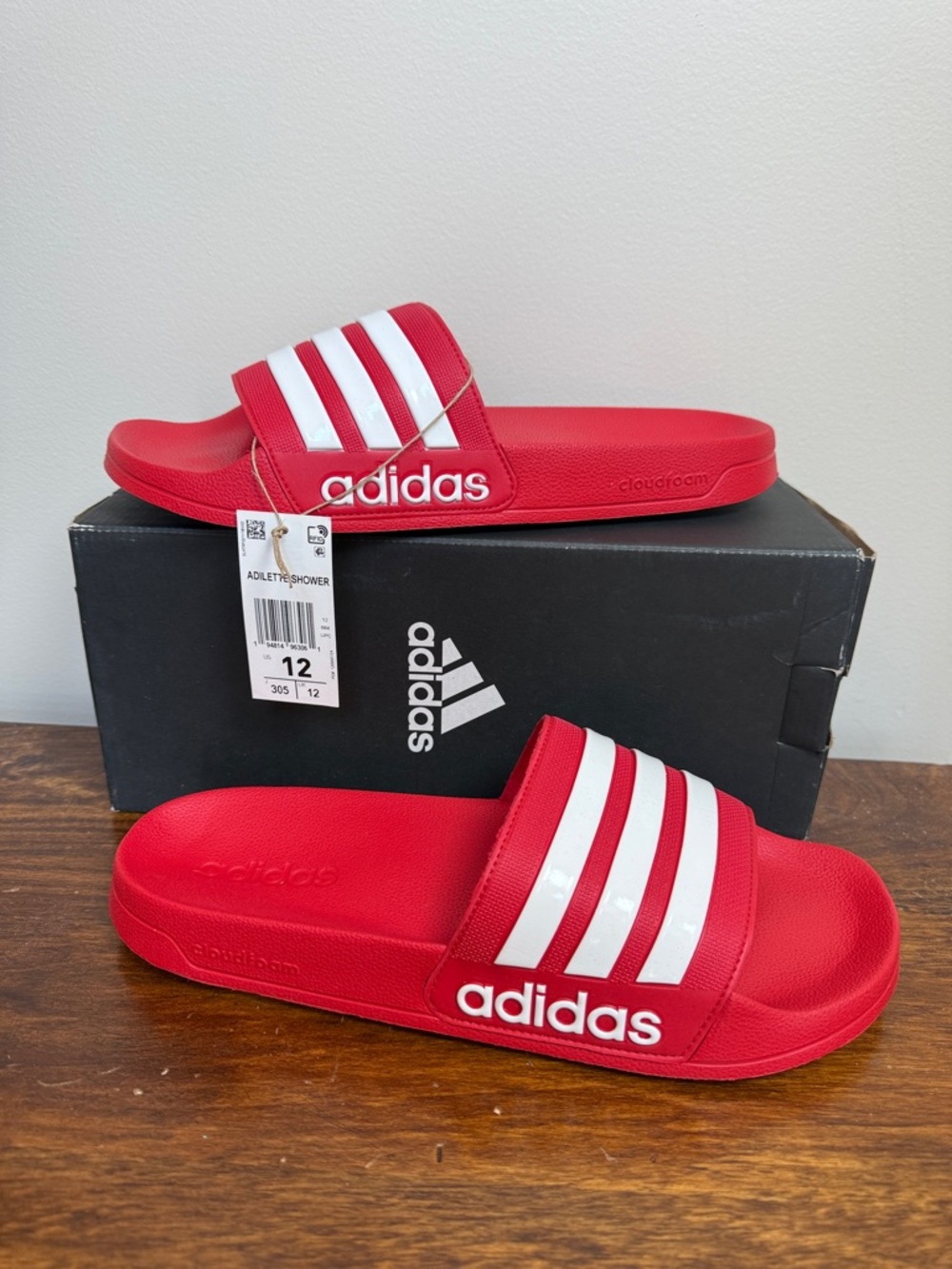adidas New Men’s Size 12 Red Slide Sandals with White Stripes - Picture 1 of 3